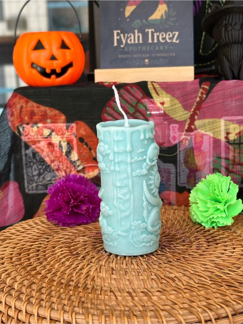 Celestial Cat Moon Pillar Candle – Icy Blue
